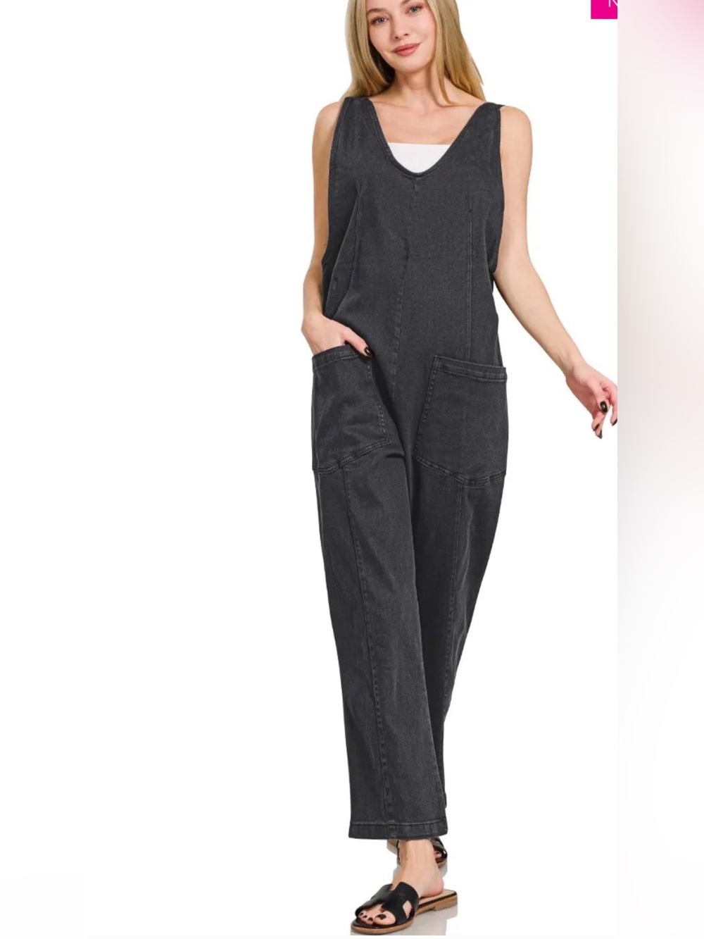 Zenana Sleeveless Washed Black Denim Jumpsuit &Front Pockets & Adjustable Straps